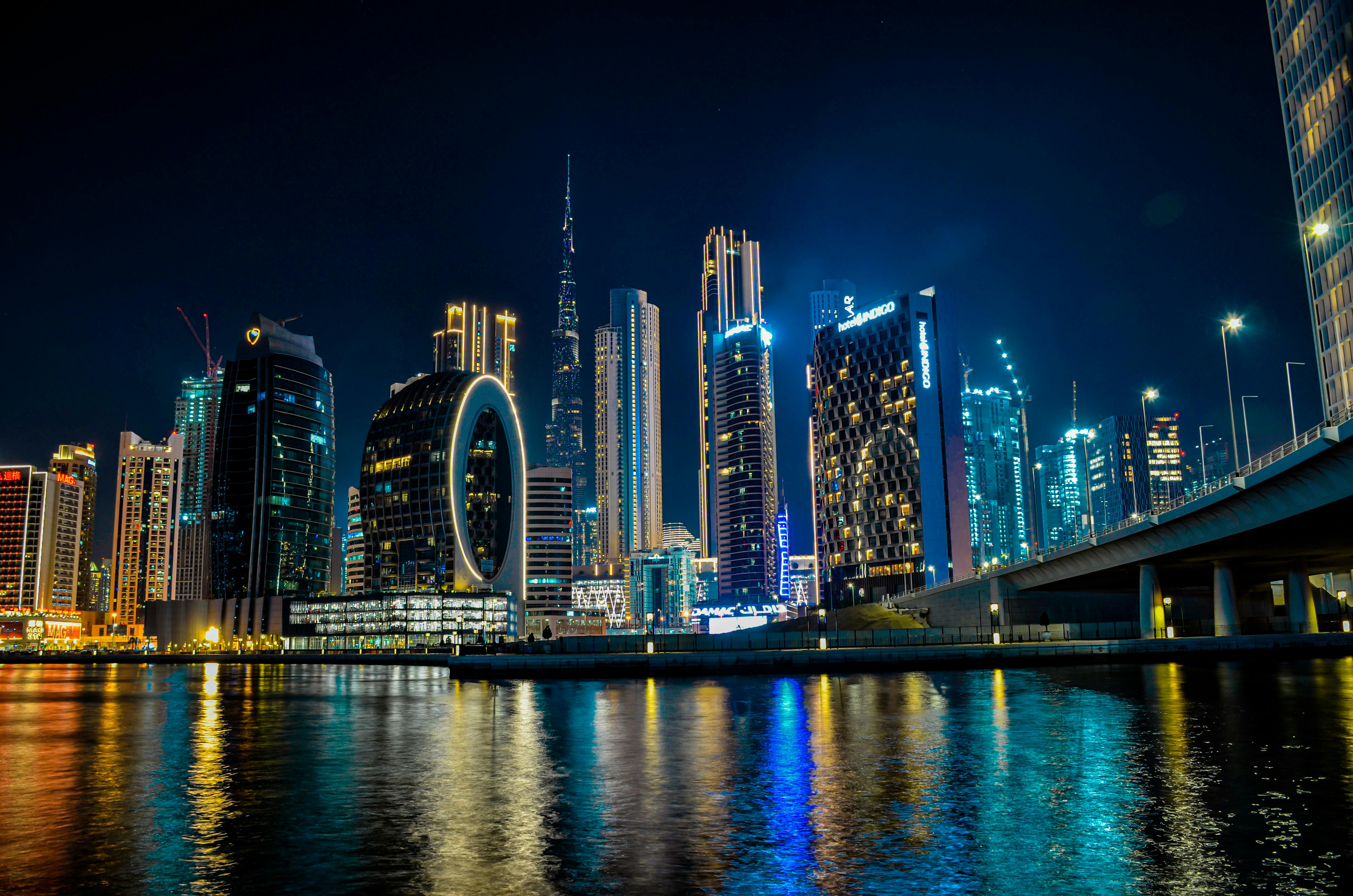 Skyscrapers at dusk.